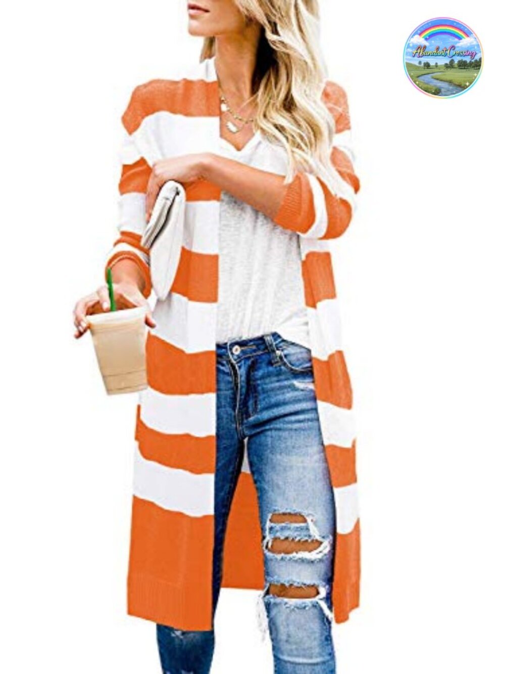 Women's Long Cardigan Loose Fit Open Front Striped Sleeve Sweater Chenille &